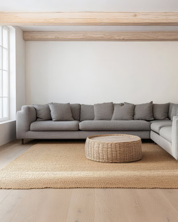 A stylish living room features a grey sectional sofa adorned with cushions paired with a round woven coffee table on a textured rug illuminated by natural light through large windows.の素材
