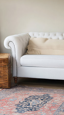 A charming corner of a living room showcases a tufted white sofa adorned with a beige throw. A woven basket sits beside the sofa adding warmth to the space.の素材
