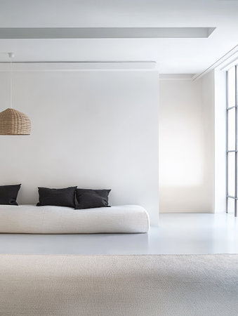 A spacious living room featuring a white sofa with dark pillows large windows allowing natural light and a woven pendant light. The decor emphasizes simplicity and comfort.の素材