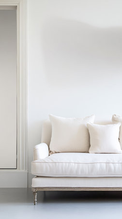 A soft white couch set against a light wall creates a serene atmosphere in a minimalist living room. The neutral decor invites relaxation and calm with plush cushions enhancing comfort.の素材