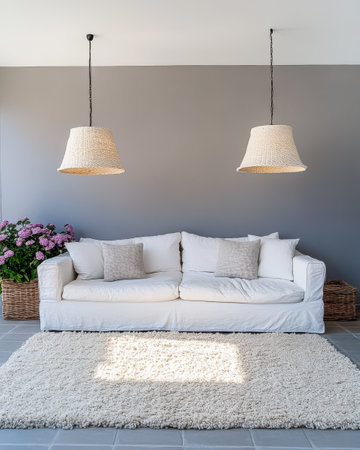 A cozy living room features a white sofa adorned with gray cushions complemented by two woven pendant lamps. Soft sunlight illuminates the area enhancing the serene atmosphere.の素材