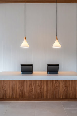 A stylish reception area featuring a smooth wooden counter and minimalist design. Two sleek registers are positioned under soft warm pendant lights creating an inviting atmosphere.の素材