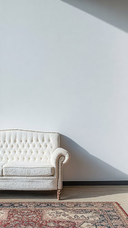 A stylish white tufted couch is positioned against a bright blank wall. Soft natural light flows into the room enhancing the minimalist aesthetic with warm shadows on the floor.の素材