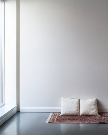 A bright and airy room features a large window allowing natural light. Two white cushions rest on a small decorative rug creating a cozy reading or relaxation area.の素材