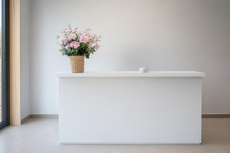 A bright and airy reception area features a sleek white counter topped with a woven basket of pink flowers. Natural light pours in through large windows creating a welcoming atmosphere.の素材