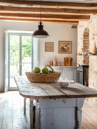 A rustic kitchen features wooden beams and a large table with a basket of green apples. Sunlight streams through open doors creating a warm and inviting atmosphere.の素材