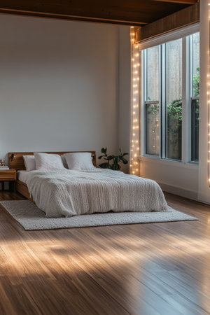 This cozy bedroom features a wooden bed with soft bedding surrounded by natural light from large windows. Warm fairy lights adorn the walls creating a tranquil atmosphere perfect for relaxation.の素材