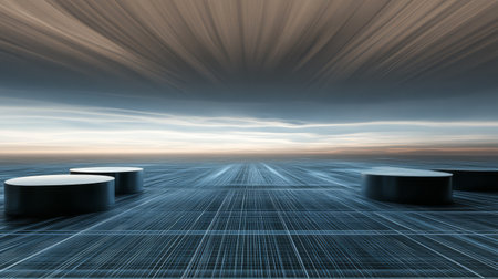 A surreal landscape featuring several floating disks over a patterned surface set against a dramatic cloud-filled sky during dusk. The scene evokes a sense of motion and depth.の素材