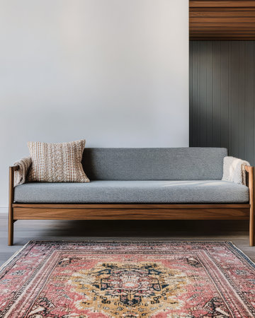 A spacious living room features a stylish gray sofa against light walls. A colorful vintage rug adds warmth to the area creating a welcoming environment for relaxation.の素材