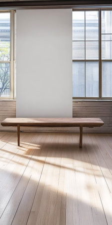 A wooden bench sits in a spacious minimalist room with large windows that allow natural light to flood in. The warm wood floor complements the simplicity of the design.の素材