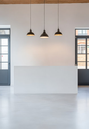 A spacious reception area features a clean white counter and three stylish pendant lights hanging from a wooden ceiling. Large windows let in natural light enhancing the design.の素材