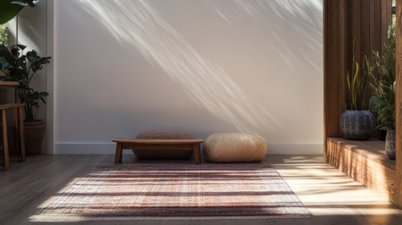 Soft sunlight filters through illuminating a minimalist indoor area with a rug cushions and potted plants. The calming atmosphere evokes a sense of peace and tranquility.の素材