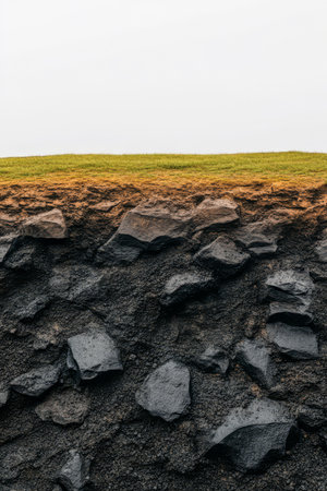 A striking geological formation displays a sharp contrast between dark rocks and vibrant grass. The overcast sky adds a dramatic atmosphere to the landscape highlighting the earth's textures.の素材