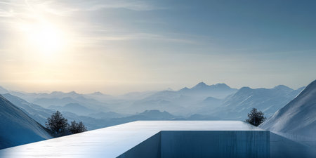 A serene mountain landscape captured at sunrise features a reflective surface that contrasts with the distant snow-capped peaks.の素材