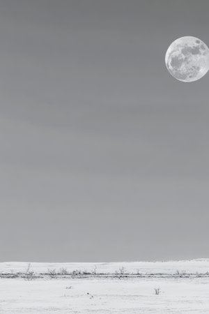 The full moon casts a gentle glow over a quiet snow-covered terrain at twilight. Sparse trees dot the horizon under a cloudy sky creating a tranquil atmosphere.の素材