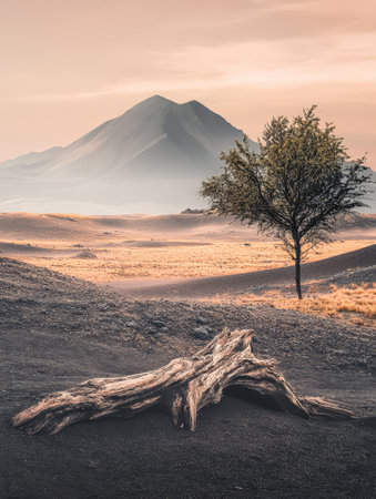 A barren landscape features a twisted log in the foreground with a solitary tree nearby. In the background a mountain rises against a soft pink sky creating a serene atmosphere just before sunset.の素材