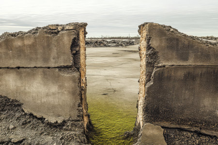 A large chasm splits two concrete walls exposing vibrant green moss in a barren environment. The somber sky adds a melancholic atmosphere to the deserted area during twilight.の素材