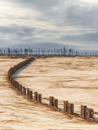 A series of weathered wooden posts create a winding line across a dry barren landscape. In the background scorched trees emerge under a brooding sky hinting at a past fire.の素材