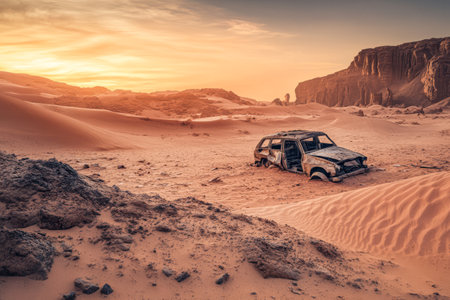 A rusted vehicle sits abandoned amid vast sand dunes as the sun sets behind dramatic rock formations. The sky is painted with warm hues creating a striking contrast with the barren landscape.の素材