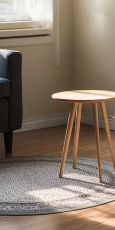 A cozy living space features a wooden side table beside an upholstered armchair with natural light streaming through the window highlighting the warm tones of the decor and flooring.の素材