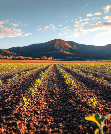 Rows of young green seedlings stretch across fertile farmland basking in sunlight under a clear sky. The distant mountains provide a stunning backdrop as the sun begins to set.の素材