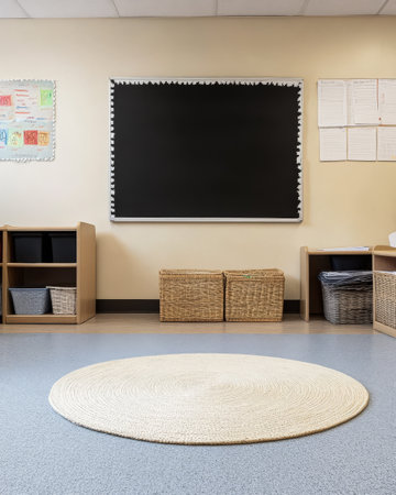 A spacious classroom features a circular natural fiber rug at the center surrounded by wooden storage units and a large blackboard on the wall. Colorful student artwork adorns the area.の素材