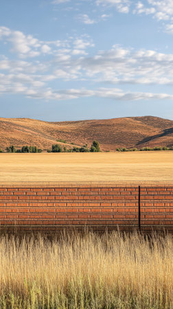 Golden fields stretch across the landscape framed by a rustic brick wall. Rolling hills rise in the background beneath a bright blue sky dotted with clouds creating a serene countryside view.の素材