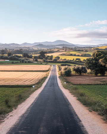 A long clear road stretches through vibrant green and golden fields leading towards distant hills under a bright blue sky. The landscape showcases peaceful rural beauty in afternoon light.の素材