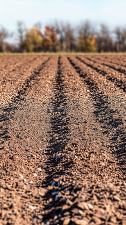 Rows of freshly plowed soil stretch across the landscape ready for planting. Warm sunlight illuminates the earthy texture indicating the arrival of spring agriculture activities.の素材