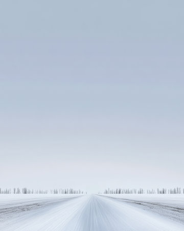 A long snow-covered road extends toward the horizon with a gray sky overhead. Tree silhouettes line the sides blending into the winter landscape. The atmosphere feels quiet and serene.の素材