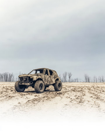 A weathered off-road vehicle sits alone in a barren landscape showcasing dirt and mud accumulation.の素材