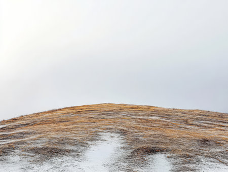 A tranquil hillside covered with patches of snow and dry grass stretches under an overcast sky. The scene conveys the stillness and beauty of winter in nature.の素材