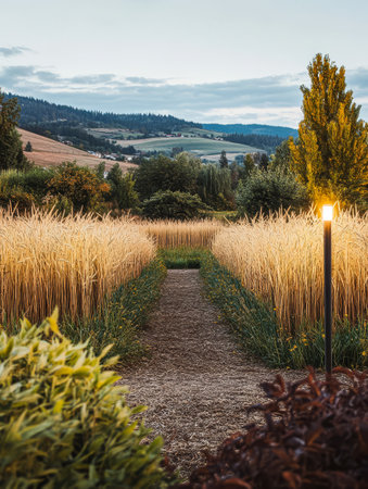 A tranquil pathway winds through golden wheat fields under a soft evening sky. Lush greenery and distant hills create a serene backdrop inviting peaceful reflection.の素材