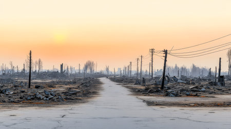 This desolate area shows the aftermath of a wildfire with charred trees fallen power lines and a cracked asphalt road under a soft sunrise glow depicting a haunting tranquility.の素材