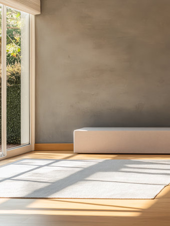 Sunlight illuminates a serene minimalist interior featuring a soft rug and a simple platform. The large windows open up to a greenery-filled garden creating a peaceful ambiance.の素材