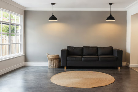 A contemporary living room shows a black sofa against a neutral wall complemented by natural light streaming through large windows. A round rug adds a cozy touch to the space.の素材