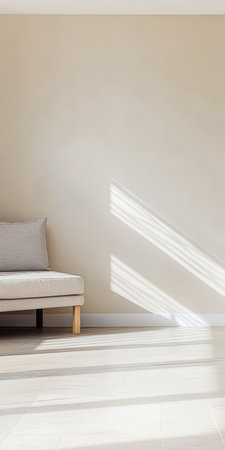 A serene living space features a minimalist sofa against a soft beige wall. Sunlight streams in casting gentle shadows on the floor creating a peaceful atmosphere perfect for relaxation.の素材