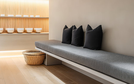 A spacious lounge area features a long comfortable bench with black pillows complemented by minimalist decor. Soft lighting and wooden shelves enhance the serene atmosphere of relaxation.の素材