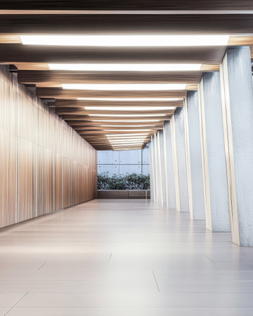 A sleek corridor features wooden wall panels and beams creating an airy atmosphere. Natural light floods in through tall windows enhancing the minimalist design and tranquility.の素材