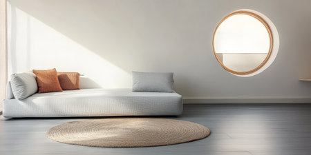 A minimalistic interior showcases a light-colored sofa with decorative pillows a round rug and a unique circular window that allows natural light to fill the space creating a serene atmosphere.の素材
