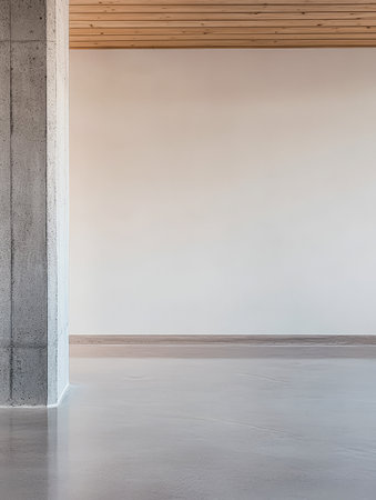 A spacious room with a polished concrete floor and a stark white wall. A textured concrete column contrasts with the wooden ceiling enhancing the modern architectural style of the setting.の素材
