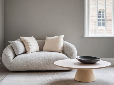 A cozy living room features a curved textured sofa adorned with soft cushions. A round wooden coffee table holds a dark bowl with natural light streaming through a large window.の素材