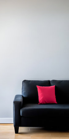 A black couch is placed against a plain wall featuring a bright pink pillow as an accent. The room has a serene and minimalistic feel highlighting the simplicity of the decor.の素材