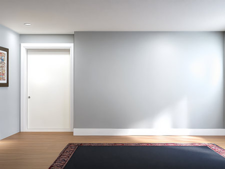 A hallway features a minimalist design with a light gray wall and wooden flooring. Soft natural light enters through an open door creating a tranquil atmosphere in the space.の素材