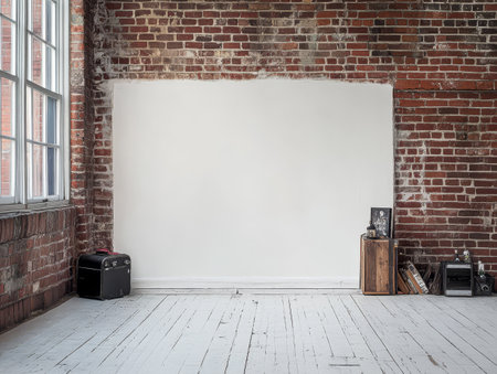 An open space showcases a rustic exposed brick wall on one side contrasted by a white painted section. Simple wooden decor pieces provide subtle character in this minimalist setting.の素材