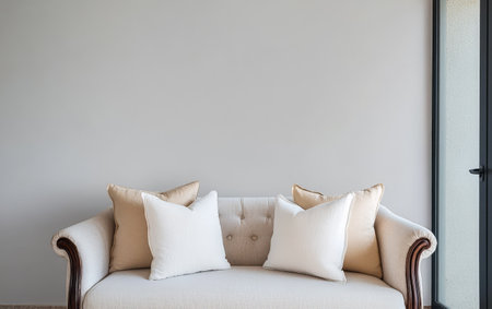 A stylish sofa with cream cushions rests against a light wall in a contemporary living room. The minimalist design creates a serene and inviting atmosphere.の素材