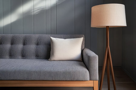 A modern living room features a grey tufted sofa accompanied by a simple cream pillow. A wooden leg floor lamp stands next to the sofa illuminating the serene space with soft light.の素材