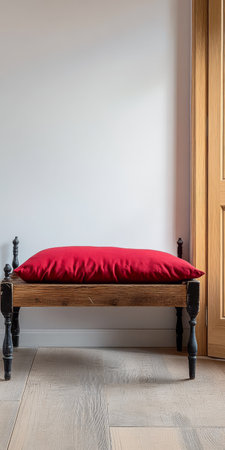 A simple wooden bench with a bright red cushion sits against a white wall creating a warm and inviting atmosphere in the minimalist space. Natural light fills the room.の素材