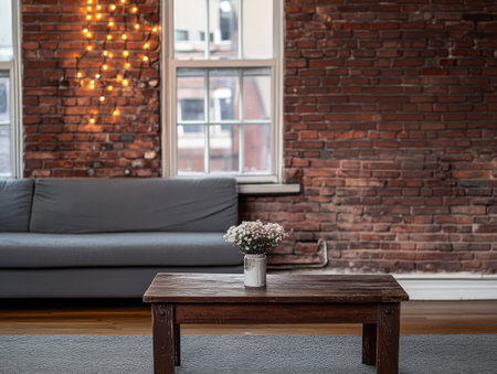 A comfortable living area features a gray couch and a wooden table adorned with a vase of flowers. The exposed brick wall adds warmth and string lights create a cozy ambiance.の素材