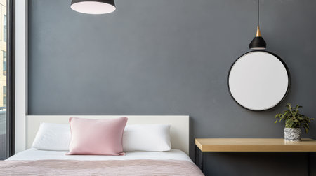 A well-designed bedroom showcases a light-colored bed with soft pillows a warm-toned blanket and a round mirror. A wooden table with a plant enhances the contemporary aesthetic.の素材